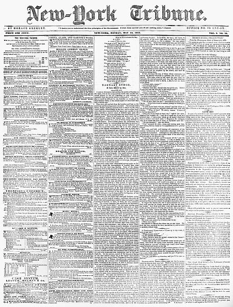 NEW-YORK TRIBUNE, 1841. Front page of the New York Tribune, 10 May 1841