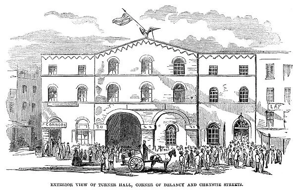 NEW YORK: TURNFEST, 1857. Exterior View of Turner Hall, Corner of Delancy