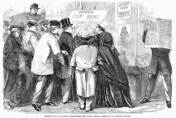 NEW YORK: WAR NEWS, 1861. Reading the news of the Civil War on Broadway, New York. Wood engraving, 1861