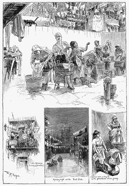 NEW YORK: WASH DAY, 1889. Doing laundry, on Monday, in the tenements of the Lower East Side in New York. Wood engraving, American, 1889