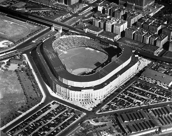 NEW YORK: YANKEE STADIUM. Aerial view of Yankee Stadium in the Bronx, where an audience of 73, 000 is watching the opening game of the 1947 World Series between the Brooklyn Dodgers and the New York Yankees, 30 September 1947