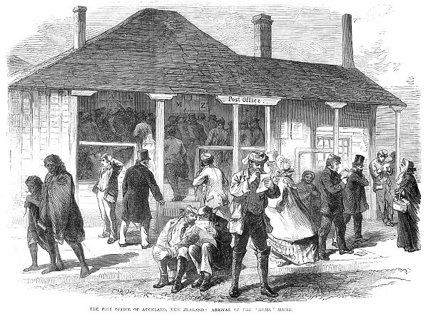 NEW ZEALAND: AUCKLAND. Home mail arrives at the post office of Auckland, New Zealand. Wood engraving, English, 1864