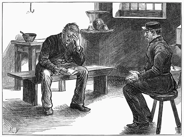 NEWGATE PRISON, 1873. A guard and a condemned prisoner in a cell at Newgate Prison in London