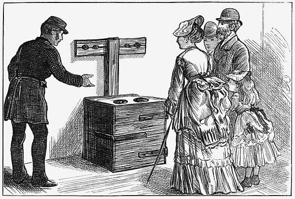 NEWGATE PRISON, 1873. A guard showing visitors the flogging machine at Newgate Prison in London