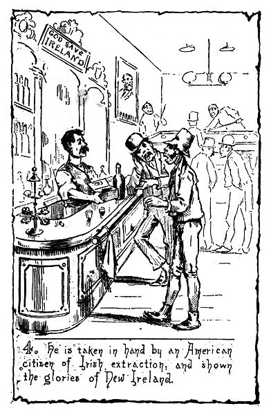 A newly arrived immigrant from Ireland being welcomed at an Irish pub in New York City. American cartoon, c1885