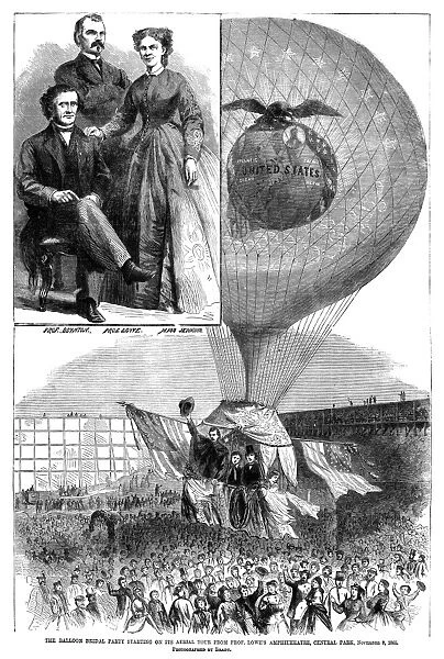 Newlyweds Dr. John F. Boynton and Mary West Jenkins ascend from Central Park in New York City, signing their marriage contract in the air, 8 November 1865. Contemporary American wood engraving