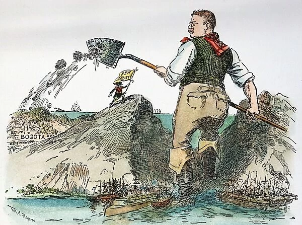 The News Reaches Bogota. Cartoon, 1903, by W. A. Rogers from the New York Herald, showing President Theodore Roosevelt rudely presenting Colombia with the fait accompli of his Panama Canal Zone treaty with the new republic of Panama