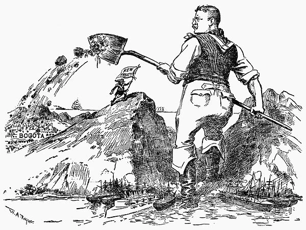The News Reaches Bogota. Cartoon, 1903, by W. A. Rogers from the New York Herald, showing President Theodore Roosevelt rudely presenting Colombia with the fait accompli of his Panama Canal Zone treaty with the new republic of Panama