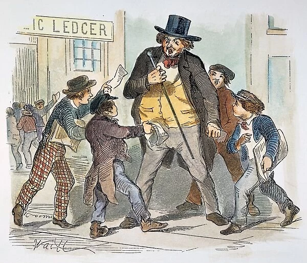 NEWSBOYS AT WORK, 1854. Newsboys hawking their papers on the street in front of the Public Ledger in Chestnut Street, Philadelphia. American color engraving, 1854