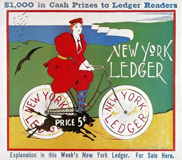 NEWSPAPER PROMOTION, 1895. American advertising poster by Henry B. Eddy for the New York Ledger newspaper, 1895, featuring a recreational bicycle rider and offering the chance of cash prizes to prospective readers
