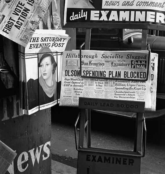 NEWSSTAND, 1939. Newsstand in San Francisco, California. Photographed by Dorothea Lange