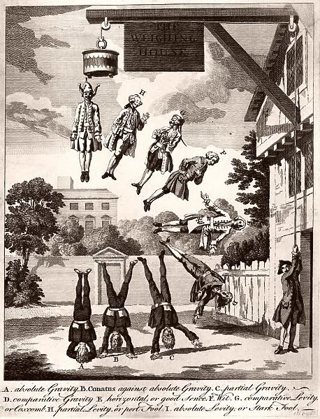 NEWTON: CARTOON, 1763. Caricature satirizing Sir Isaac Newtons laws of gravity, showing nine men having their heads weighed at a weighing house, ranging from one man whose head weighs so much that he is upside down to a man whose head weighs nothing at all. Engraving by William Hogarth, from Physiognomy, by John Clubbe, 1763