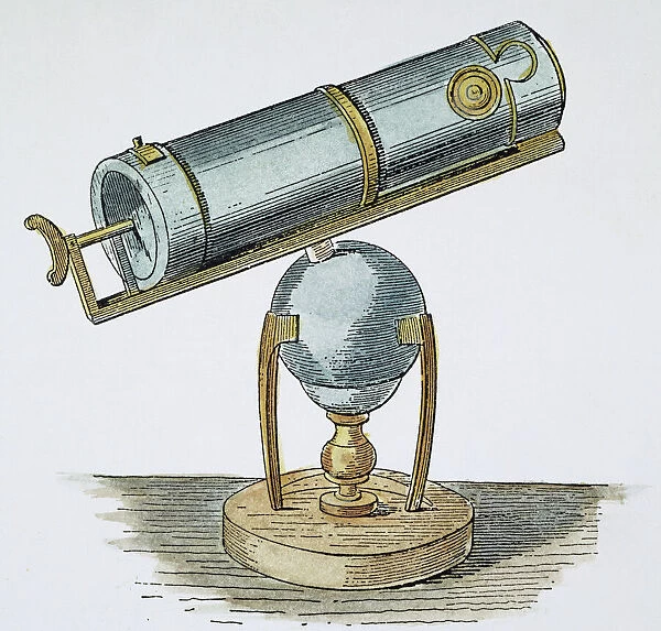 NEWTONs TELESCOPE, c1670. Isaac Newtons reflecting telescope, c1670: line engraving, 19th century