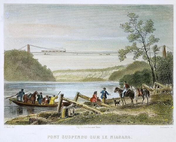 NIAGARA FALLS BRIDGE. The International Railway Suspension Bridge over the Niagara River: line engraving, French, mid-19th century