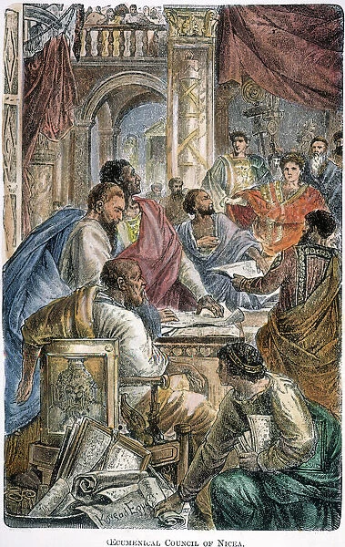NICAEA COUNCIL, 325 A. D. The 1st Ecumenical Council, convoked by Emperor Constantine, in Nicaea (modern Iznik, Turkey), in 325 A. D. Wood engraving, 19th century