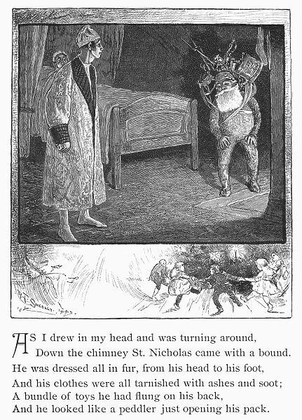 NIGHT BEFORE CHRISTMAS. As I drew in my head and was turning around, Down the chimney St. Nicholas came with a bound. Illustration from an 1883 edition of Clement Clarke Moores The Night Before Christmas