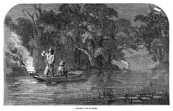 NIGHT FISHING, 1858. Spearing a fish at night in America. Wood engraving, English