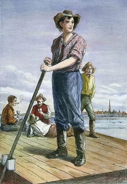 Nineteen-year-old Abraham Lincoln as a flatboatman on the Mississippi River. Color engraving, 19th century