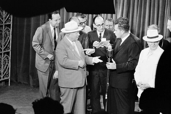 NIXON AND KHRUSHCHEV, 1959. U. S. Vice President Richard Nixon (right, at microphone)