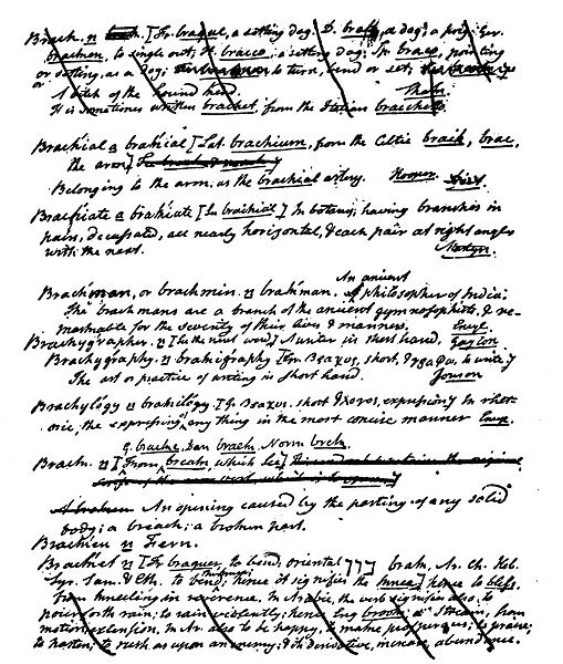 NOAH WEBSTER (1758-1843). American lexicographer and author. A page from Noah Websters holograph manuscript, An American Dictionary of the English Language, published in 1828