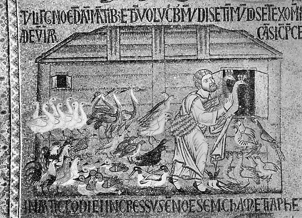 NOAHs ARK, 14th CENTURY. Noah bringing the birds into the ark. Detail of mosaic