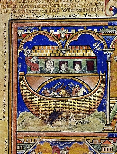 NOAHs ARK  /  THE FLOOD (Genesis 8: 6-11). French manuscript illumination, c1250