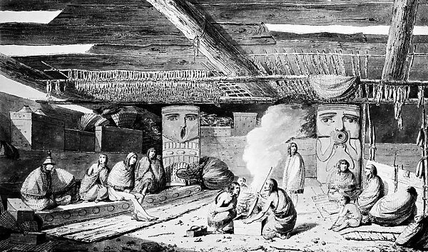 NOOTKA DWELLING, 1778. Nootka Native Americans roasting fish over an open fire