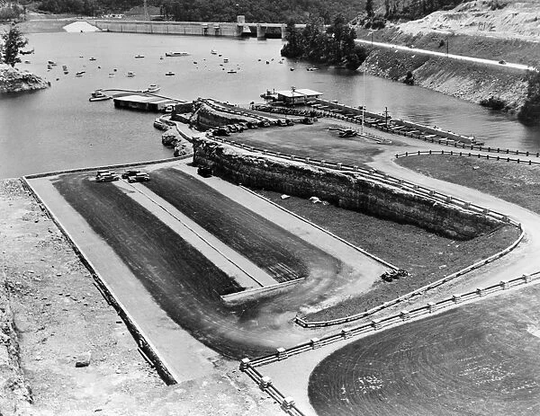 NORRIS DAM PARK, c1938. Boat harbor and parking lot at Norris Dam Park in Tennessee