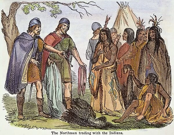 NORSEMEN AND NATIVE AMERICANS. Norsemen trading with Native Americans on the east cost of North America, early 11th century A. D. Wood engraving, American, 1846
