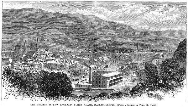 NORTH ADAMS, 1870. North Adams, a mill town in western Massachusetts, where in 1870, Chinese men were hired to replace striking shoe workers. Wood engraving, American, 1870