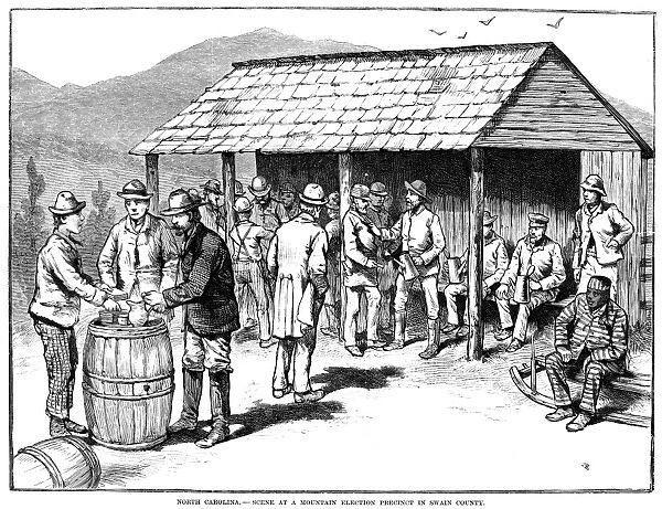 NORTH CAROLINA: ELECTION. Scene at a mountain election precinct in Swain County. Line engraving from an American newspaper of 1884