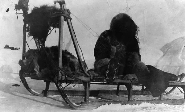 NORTH POLE: SEWING, c1909. A member of Frederick Cooks journey expedition to Greenland