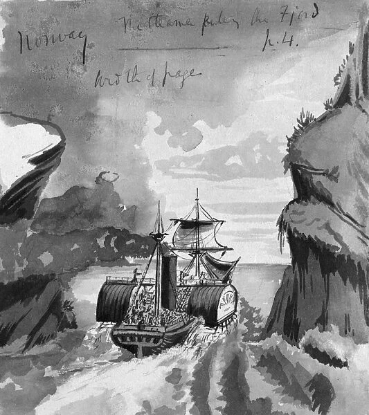 NORWAY, 1856. A steamer passing through a fjord in Norway. Drawing by Bayard Taylor