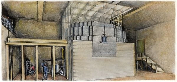 NUCLEAR REACTOR, 1942. An artists sketch of the first self-sustaining nuclear chain reactor