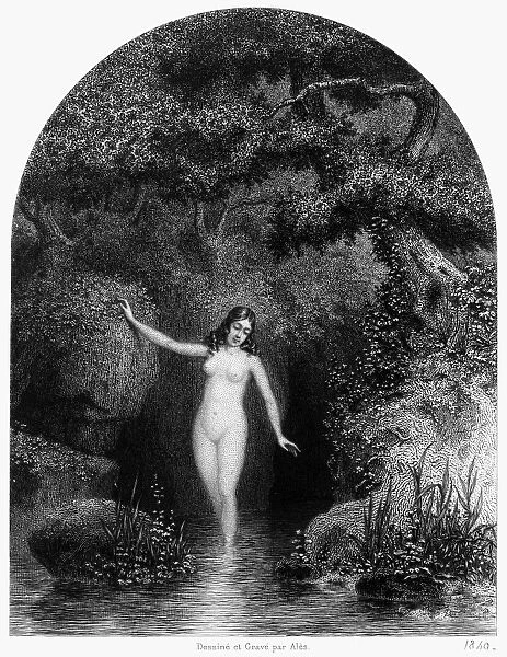 NUDE IN NATURE, 1849. Etching, French, 1849