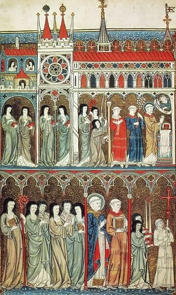 NUNS IN CONVENT, c1300. Nuns celebrating Mass in a convent (above), and a procession