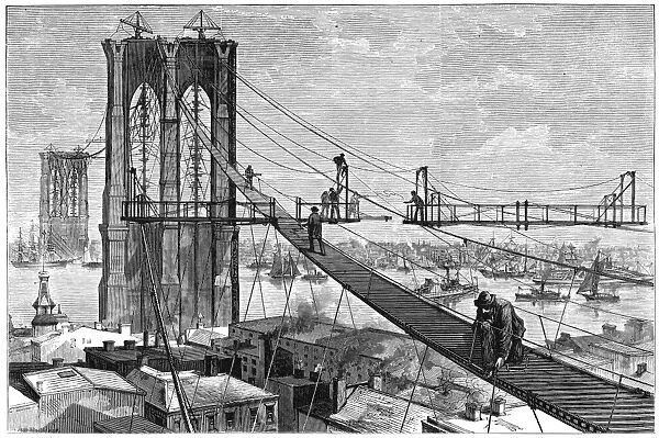 NY: BROOKLYN BRIDGE, 1877. View of the wooden footpath leading up to the Brooklyn Tower in 1877: contemporary line engraving