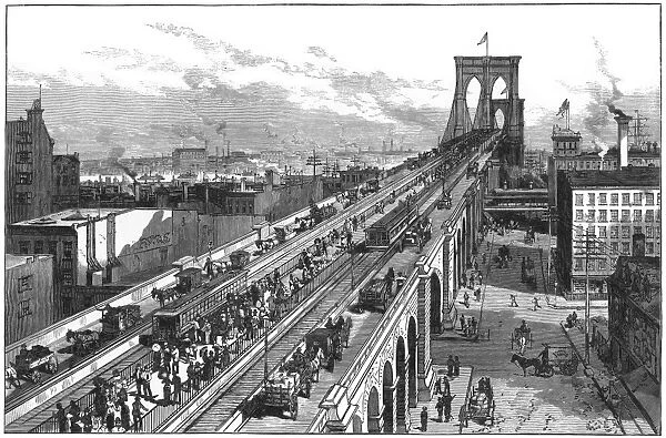 NY: BROOKLYN BRIDGE, 1883. Bridge traffic on the five side by side roads - two for horse-drawn vehicles, one for pedestrians, and two for trains: line engraving, 1883