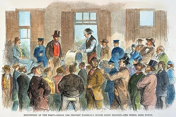 NY: DRAFT RESUMPTION, 1863. The resumption of the draft in New York on 19 August 1863, inside the Provost Marshals office, following the New York City Draft Riots of 13-16 July 1863: contemporary engraving