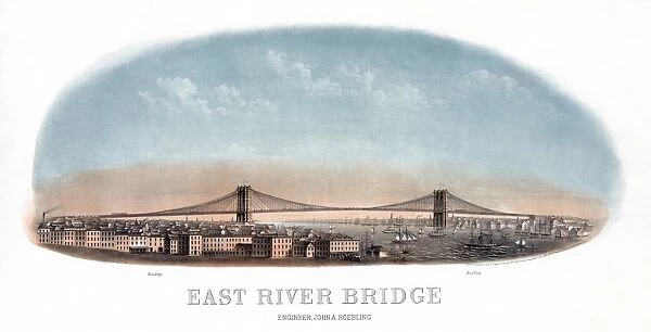 NYC: BRIDGE, 1873. East River Bridge, Engineer, John R. Roebling. Lithograph, 1873
