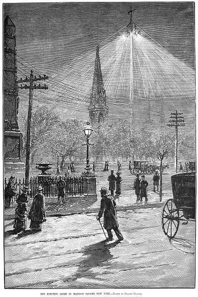 NYC: ELECTRIC STREET LIGHT. Electric street light: one of two poles (the other in Union Square) with electric lights, erected in New York City during the summer of 1881. Wood engraving, January 1882