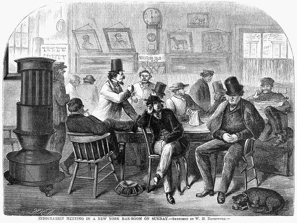 NYC: EXCISE LAW, 1867. Indignation meeting in a New York bar-room on Sunday. Engraving