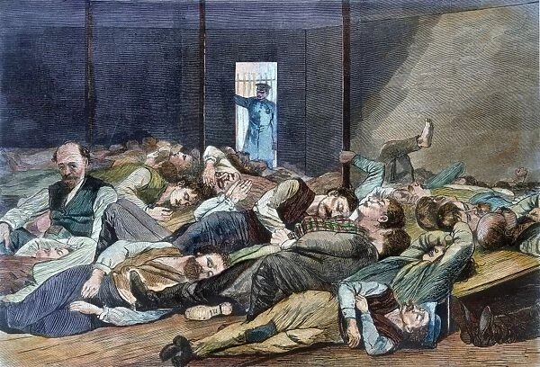 NYC: HOMELESS, 1874. Station-House Lodgers: some of New York Citys homeless poor spending the night in the basement of the 17th precinct police station. After a drawing by Winslow Homer, 1874
