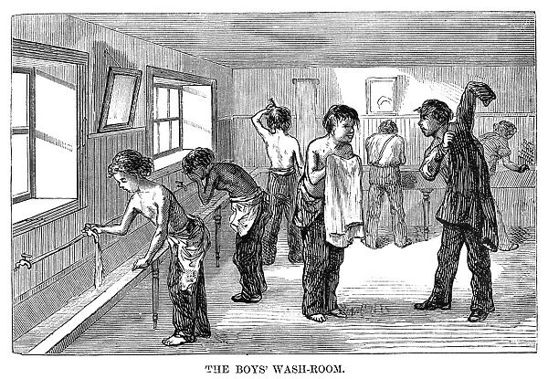 NYC: ITALIAN SCHOOL, 1875. The boys washroom in the Italian school on Leonard Street