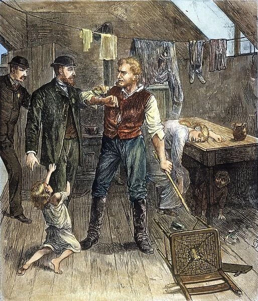 NYC TENEMENT LIFE, 1882. Officers of the Society for the Prevention of Cruelty to Children intervening: colored engraving, 1882