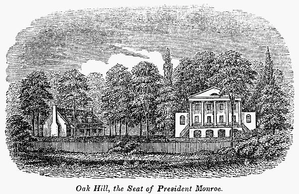 Oak Hill, the home of President James Monroe in Loudoun County, Virginia. Wood engraving, American, 19th century