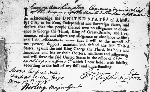 Oath of Allegiance of General George Washington at Valley Forge, 1778. On 3 February 1778, the Congress of the United States required all officers of the Amry and the Navy and persons holding any civil office under the Congress to subscribe to an oath of allegiance