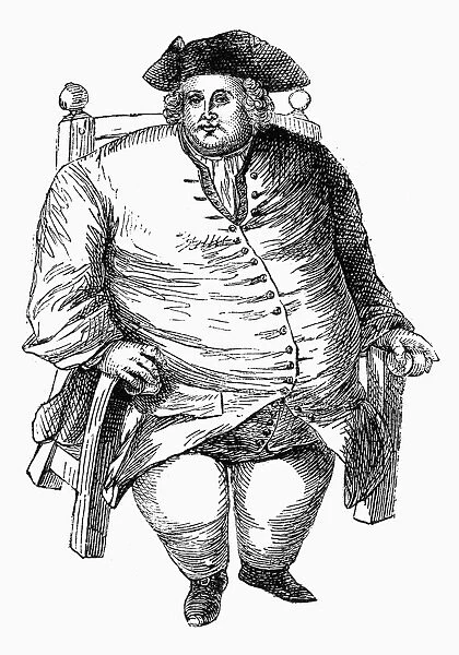 OBESE MAN AND CHAIR. An obese man of the 18th century in his chair. Wood engraving, English, 19th century