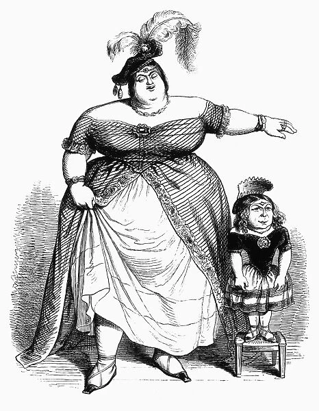 OBESE WOMAN AND CHILD. Line engraving, 1844, after a drawing by Grandville for his Un Autre Monde