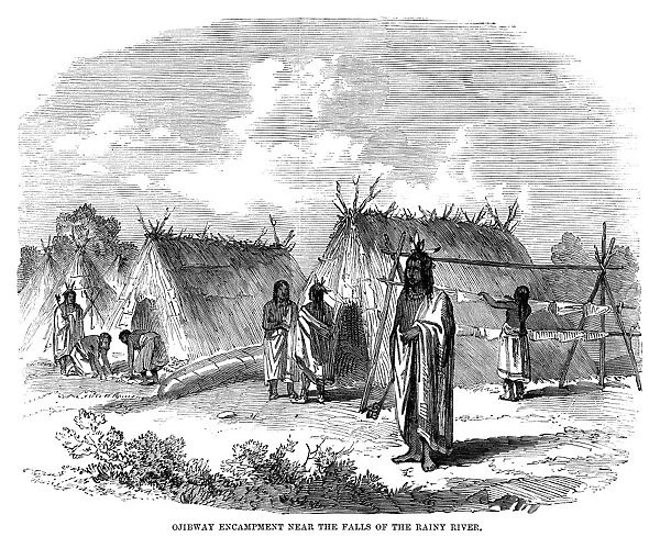 OBIBWA ENCAMPMENT, 1858. A camp of Ojibwa Native Americans near the falls of the Rainy River